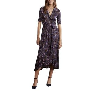 Boden Jersey Wrap Dress Size 2 US Navy Blue Pink‎ Floral Midi Sleeves “Lavinia”